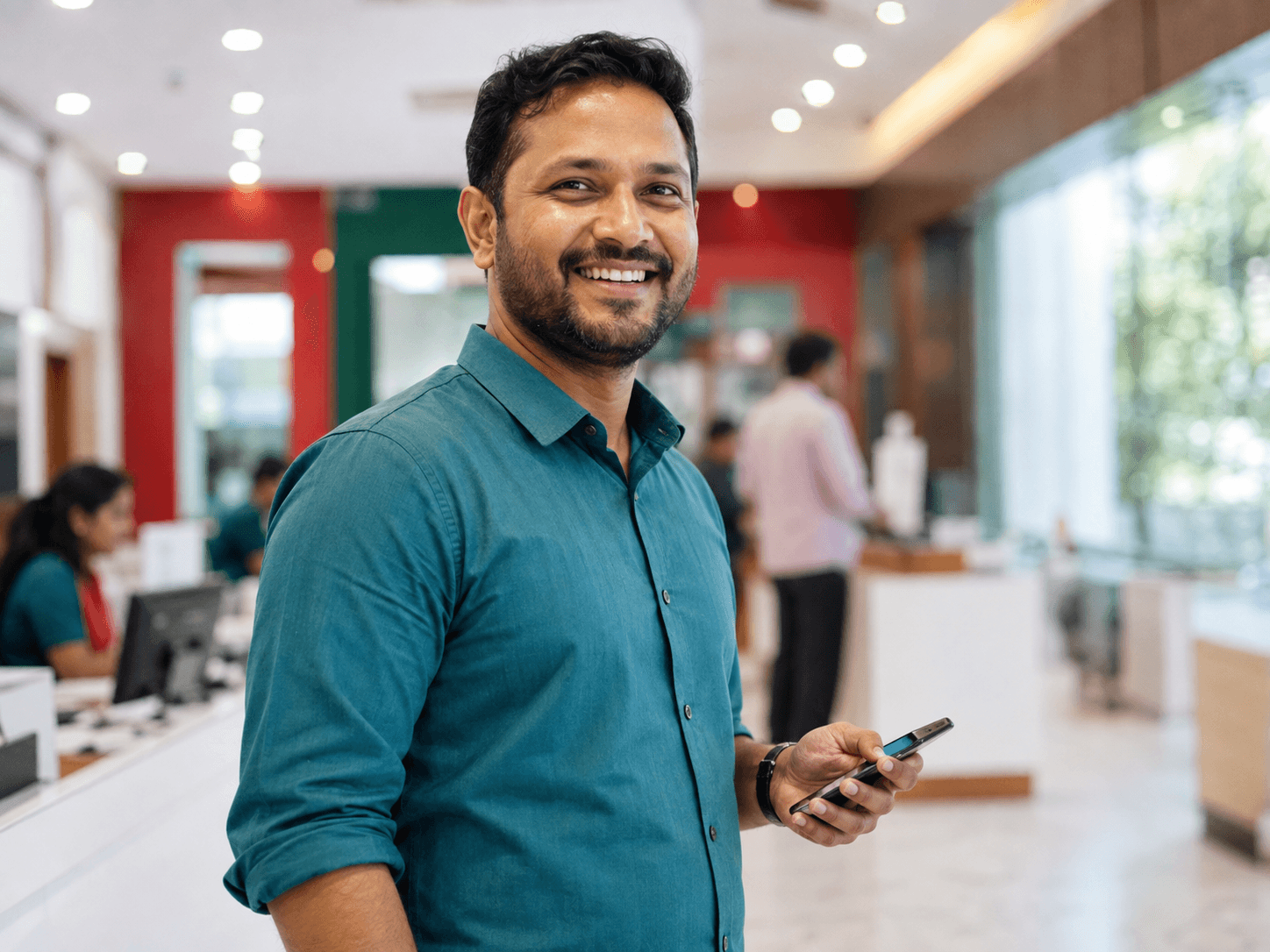 Customer smiling while banking outdoors